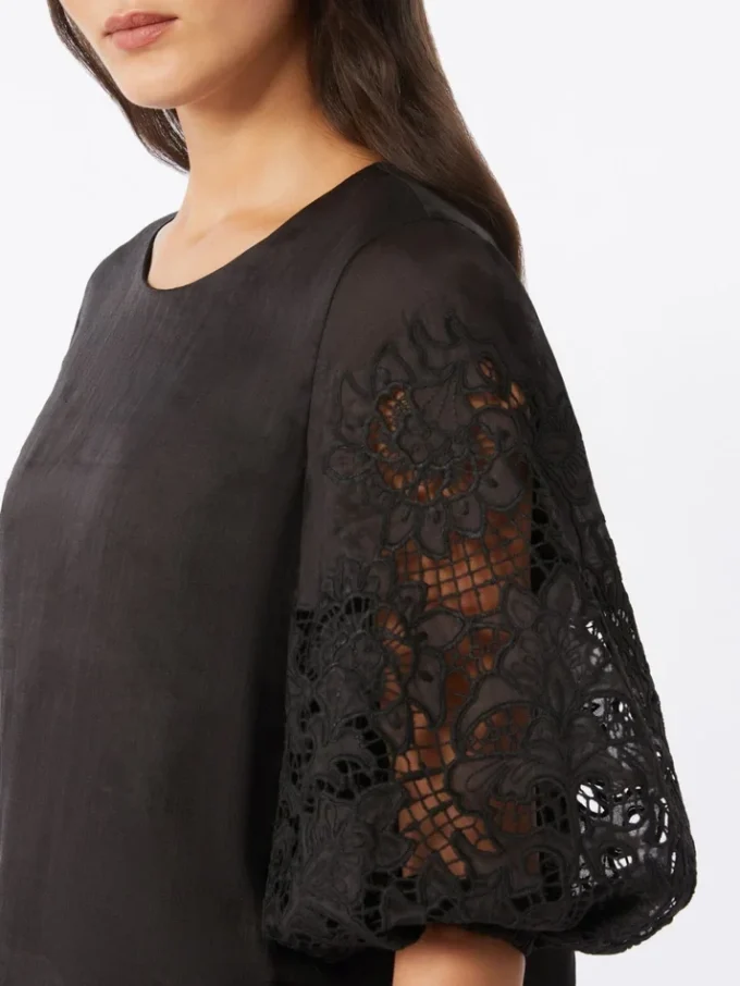 Ramie gauze and broderie anglaise t-shirt, black Ramie gauze and broderie anglaise t-shirt, black