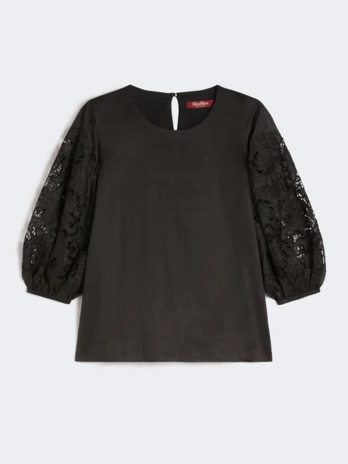 Ramie gauze and broderie anglaise t-shirt, black Ramie gauze and broderie anglaise t-shirt, black