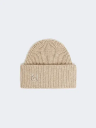 Rib-knit cashmere beanie hat, beige
