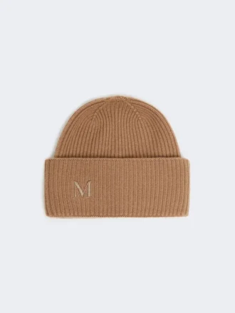 Rib-knit cashmere beanie hat, camel