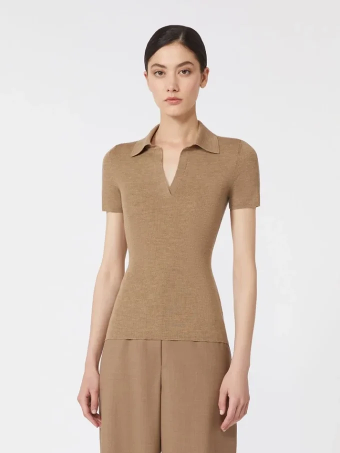 Rib-knit wool polo shirt, gold beige brown