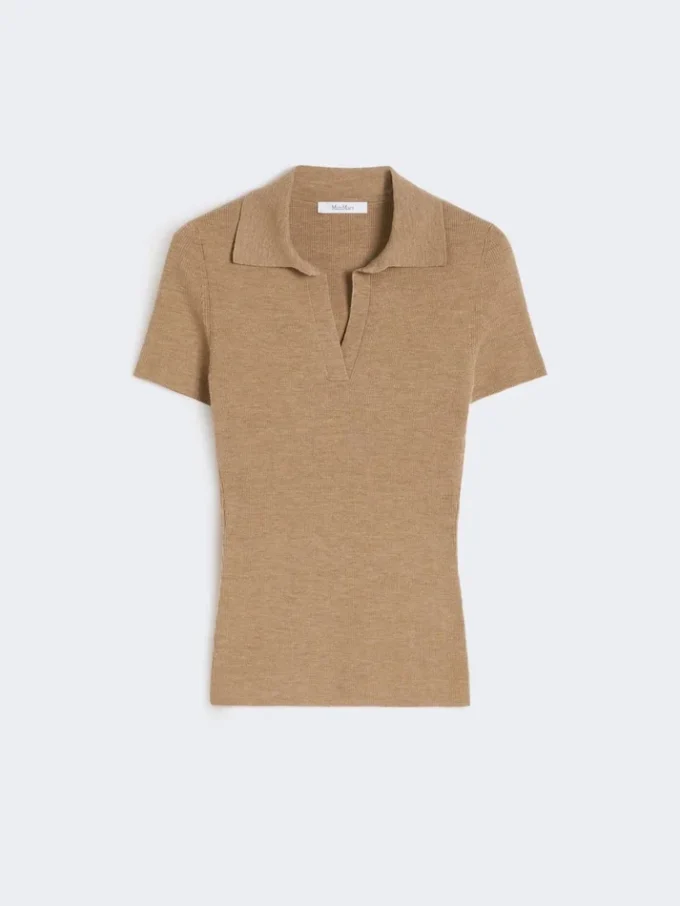 Rib-knit wool polo shirt, gold beige brown
