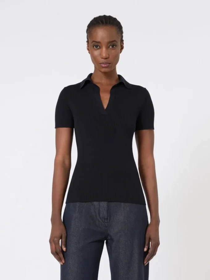 Rib-knit wool polo shirt, ultramarine