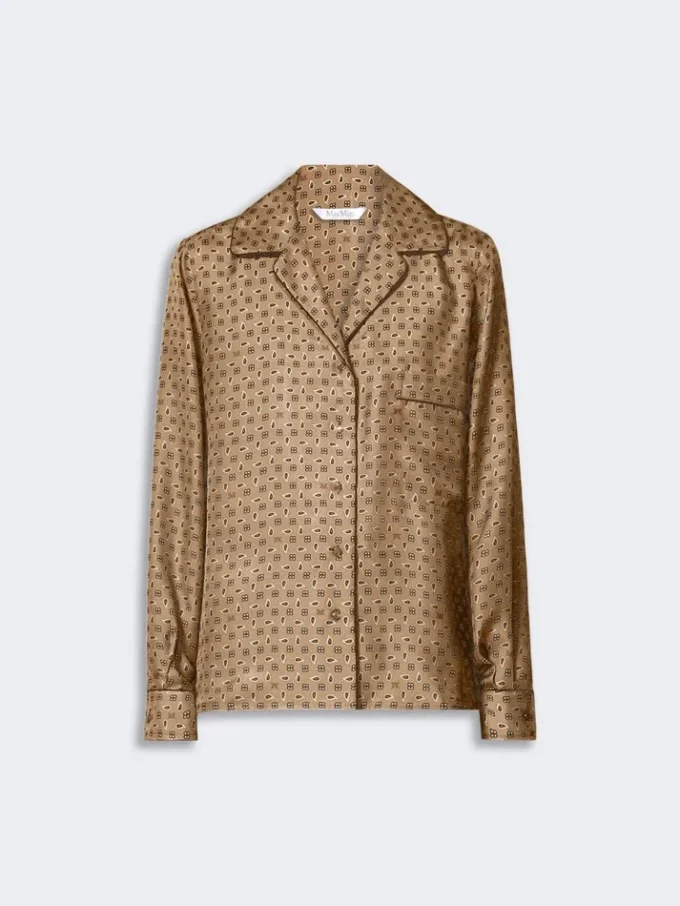 Semi-fitted printed silk shirt, mud