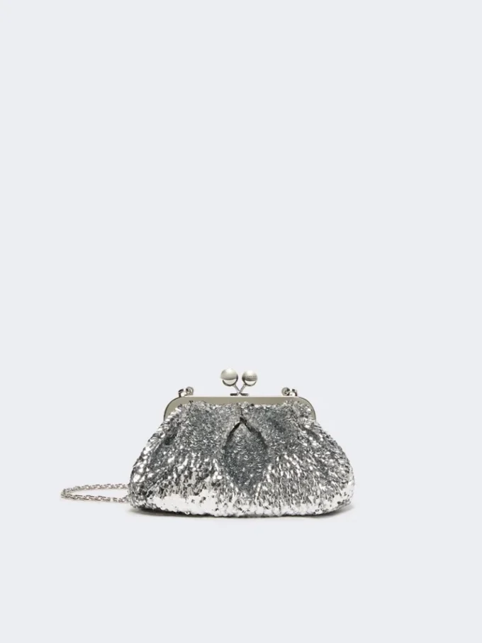Sequin-adorned small satin pasticcino bag, silver