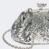 Sequin-adorned small satin pasticcino bag, silver
