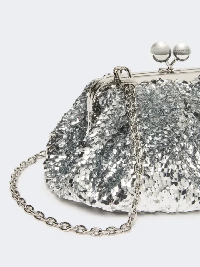 Sequin-adorned small satin pasticcino bag, silver