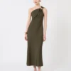 Shiny satin one-shoulder dress, moss green