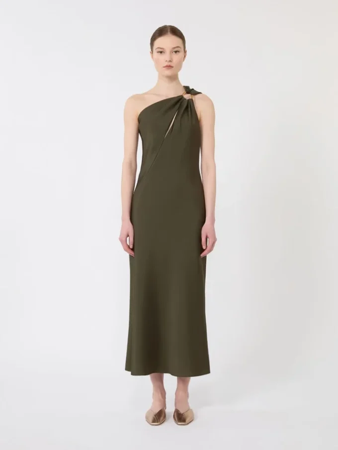 Shiny satin one-shoulder dress, moss green