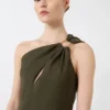 Shiny satin one-shoulder dress, moss green