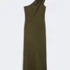 Shiny satin one-shoulder dress, moss green