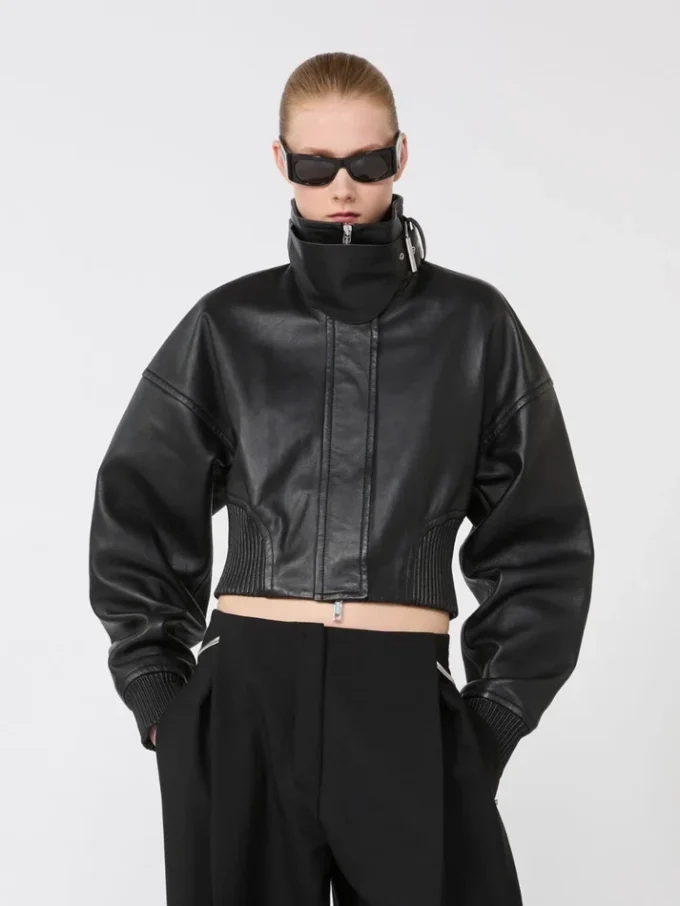 Short leather jacket, black