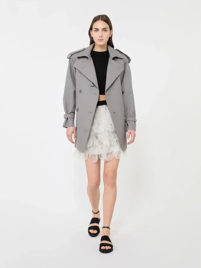 Short skirt with petals in printed organza, pearl grey