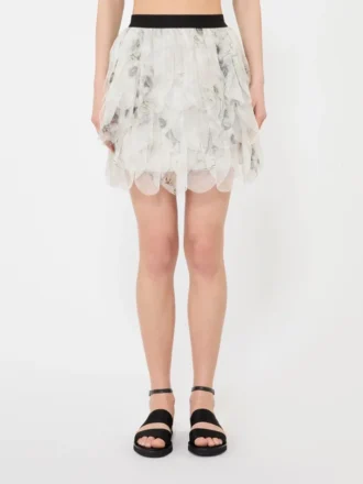 Short skirt with petals in printed organza, pearl grey