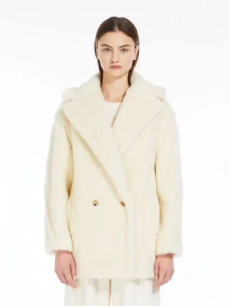 Short teddy bear icon coat in alpaca and wool, white