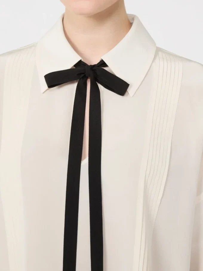Silk blouse with bow tie, beige