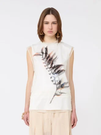 Sleeveless double-layer satin and tulle top, white