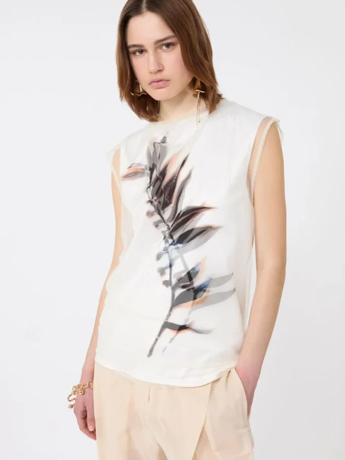 Sleeveless double-layer satin and tulle top, white