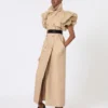 Sleeveless duster coat in linen basketweave with ruffles, camel