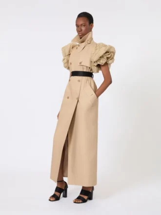 Sleeveless duster coat in linen basketweave with ruffles, camel