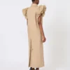 Sleeveless duster coat in linen basketweave with ruffles, camel