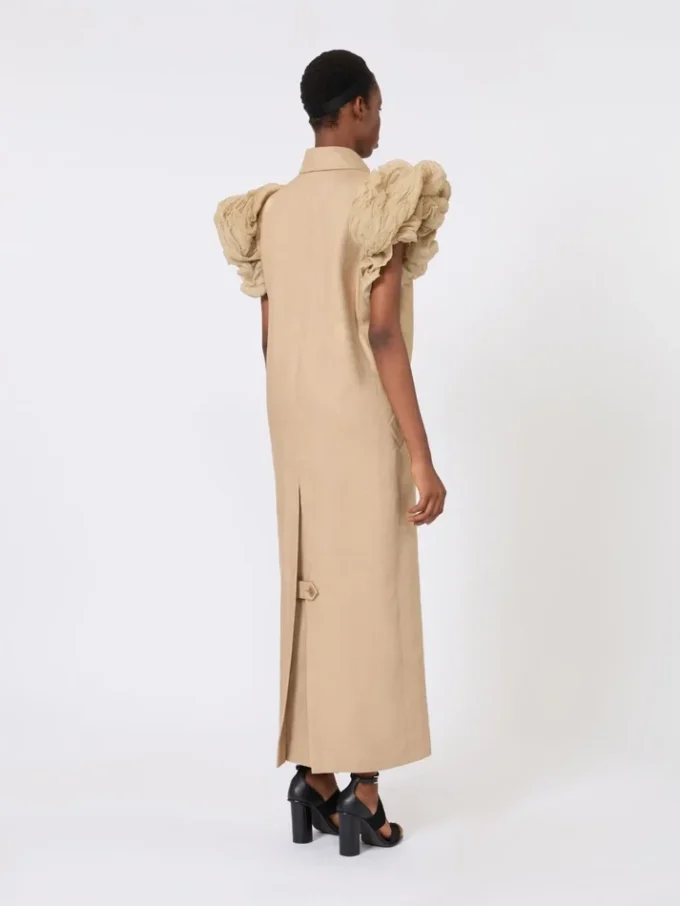 Sleeveless duster coat in linen basketweave with ruffles, camel