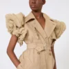 Sleeveless duster coat in linen basketweave with ruffles, camel