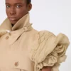 Sleeveless duster coat in linen basketweave with ruffles, camel