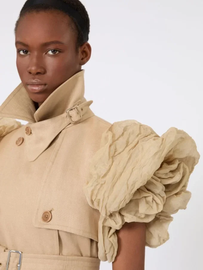 Sleeveless duster coat in linen basketweave with ruffles, camel