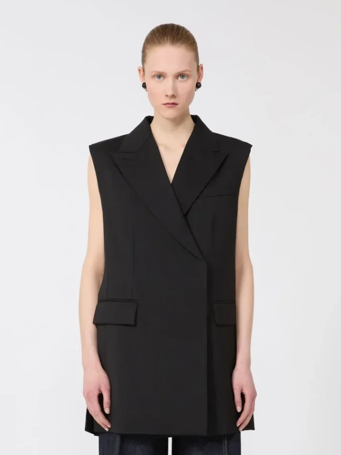 Sleeveless stretch wool blazer, black