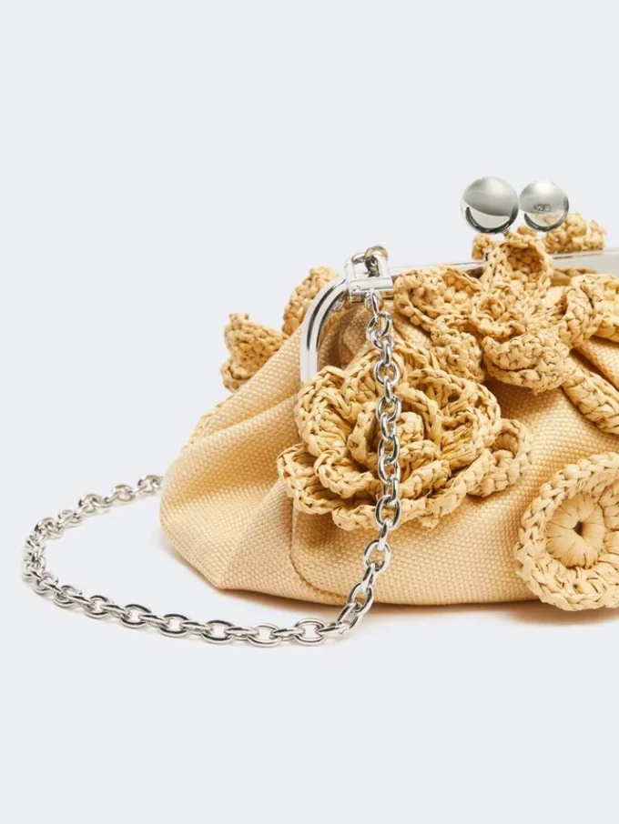 Small raffia-effect pasticcino bag with flowers, beige