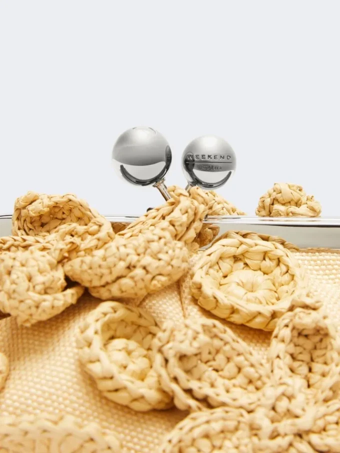 Small raffia-effect pasticcino bag with flowers, beige