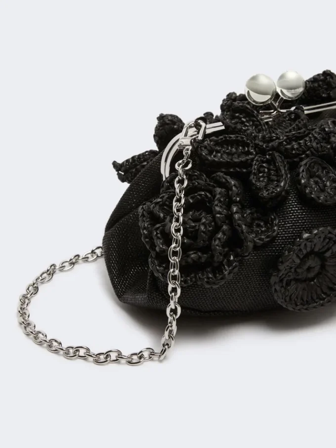 Small raffia-effect pasticcino bag with flowers, black