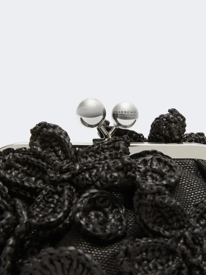 Small raffia-effect pasticcino bag with flowers, black