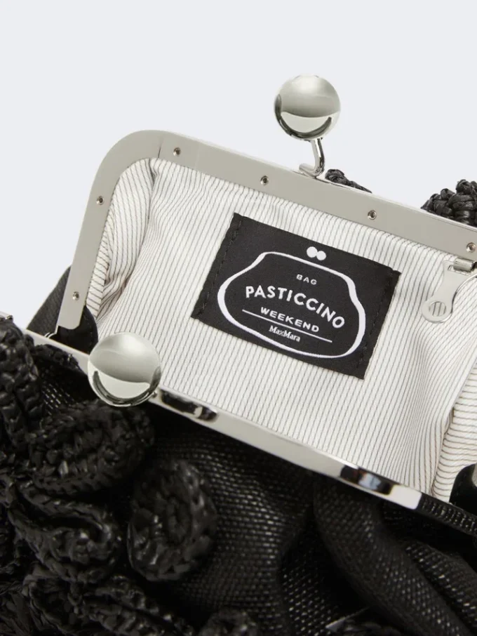 Small raffia-effect pasticcino bag with flowers, black