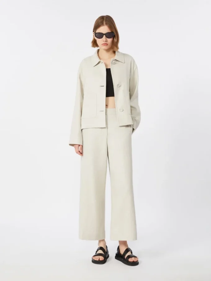 Stretch cotton and linen trousers, ivory