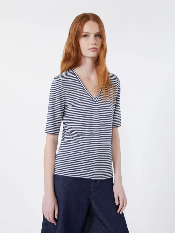 Stretch linen jersey v-neck t-shirt, ultramarine
