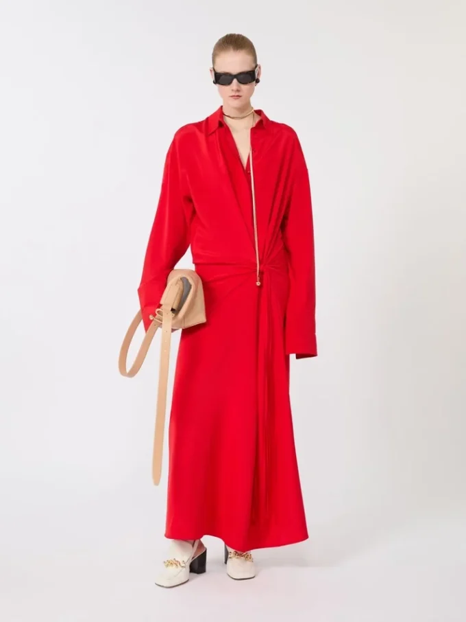Stretch silk shirt dress, red