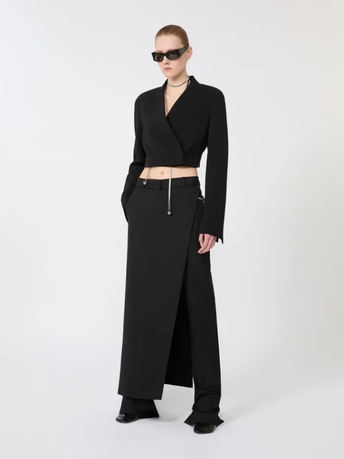 Stretch wool trousers with removable panel, black