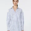 Striped cotton shirt with eyelet lace, navy