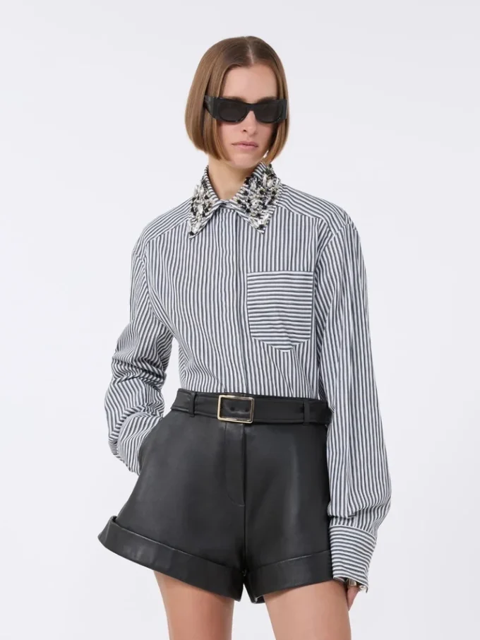 Striped poplin cropped shirt, black