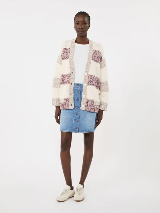 Striped wool and cotton cardigan, sand