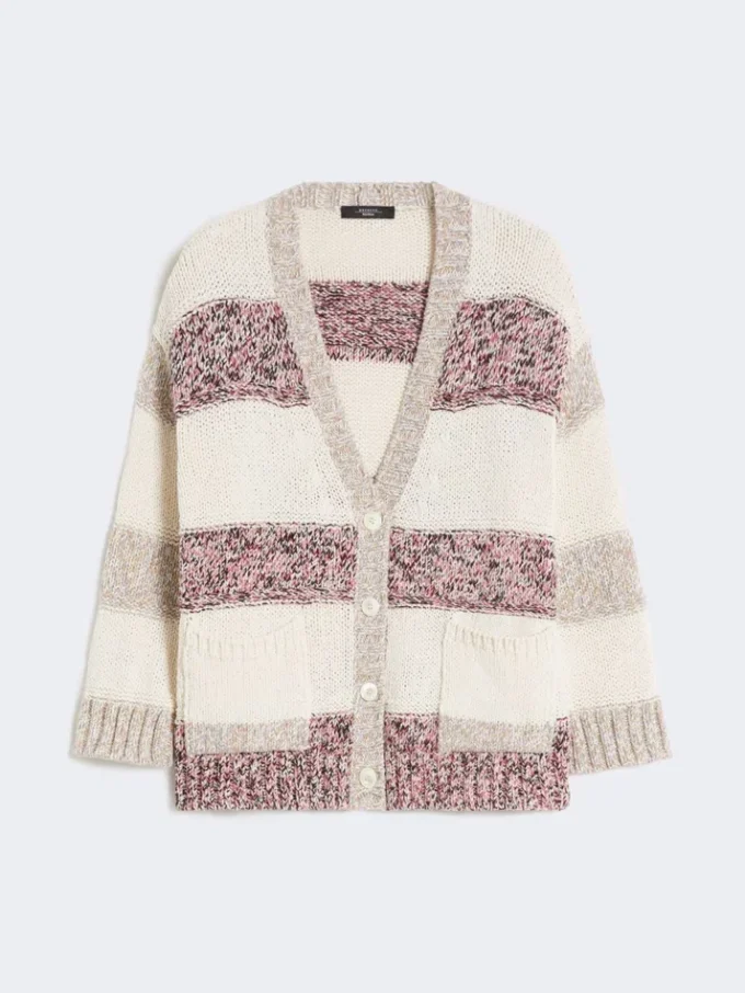 Striped wool and cotton cardigan, sand