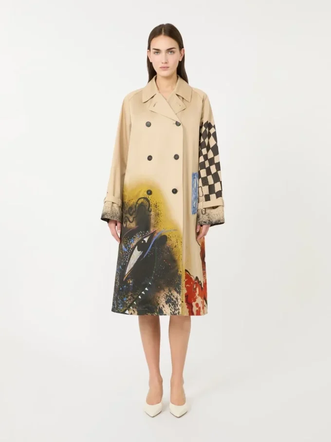 Trench coat in patterned water-repellent gabardine, skin orient