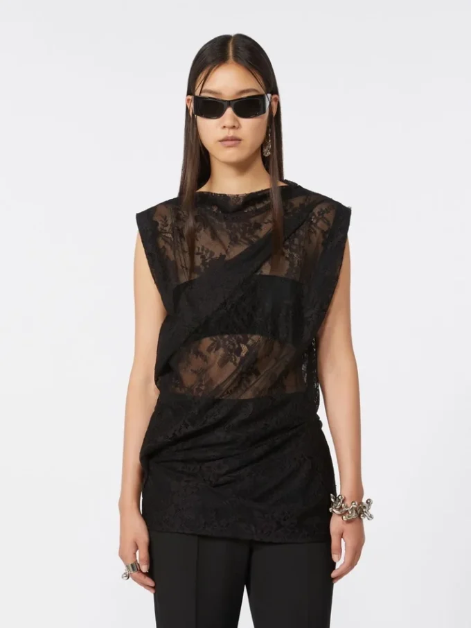 Two-tone lace top, black