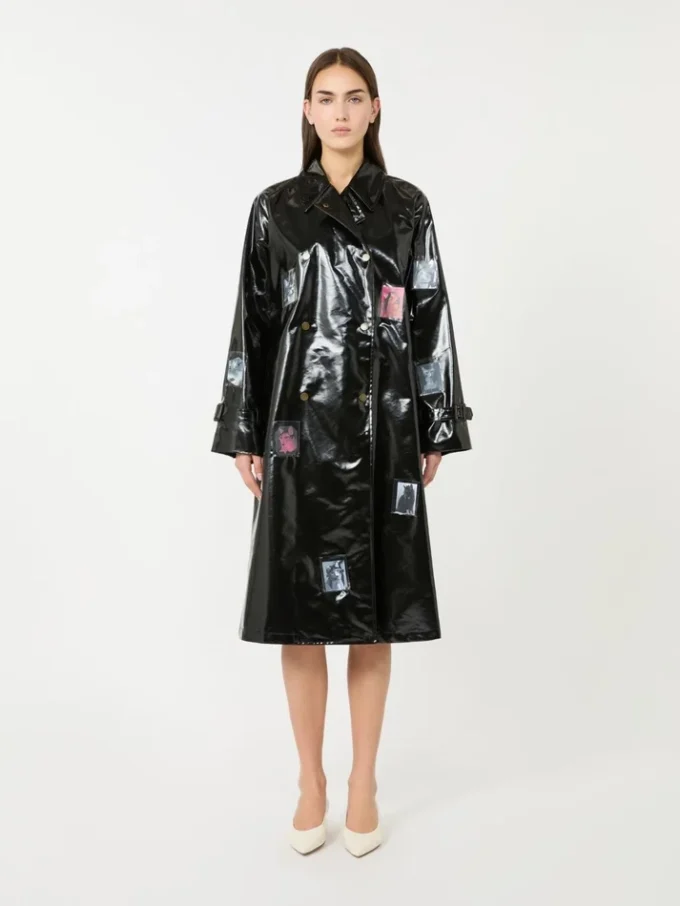 Vinyl-effect gabardine midi trench coat, black