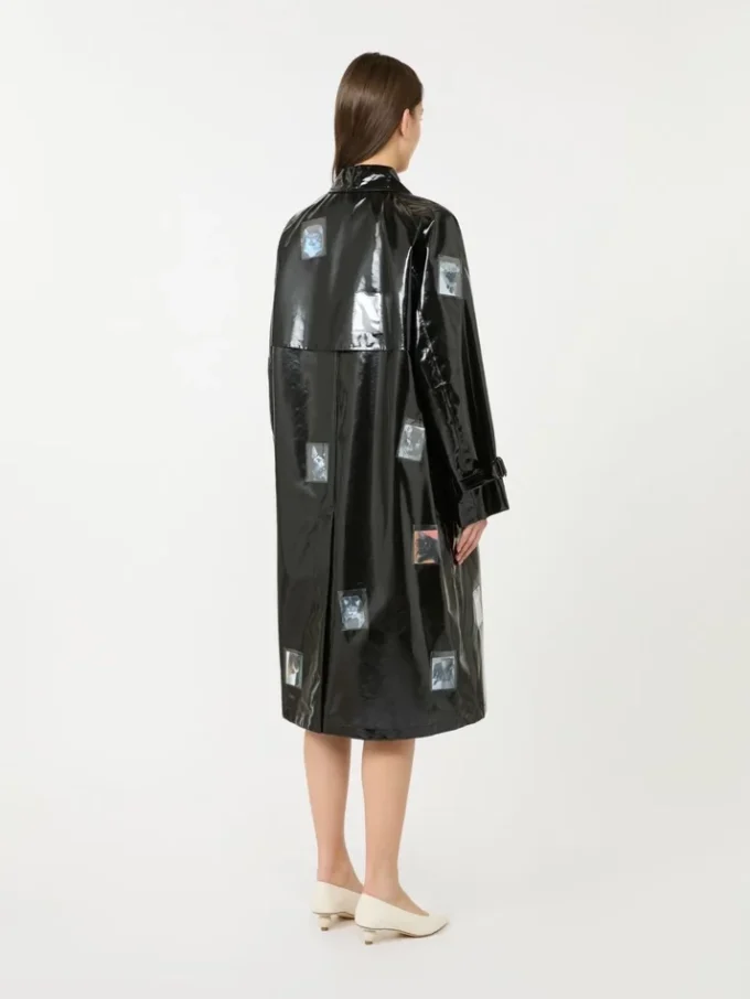 Vinyl-effect gabardine midi trench coat, black