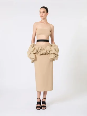Viscose jersey midi skirt with ruffles, camel