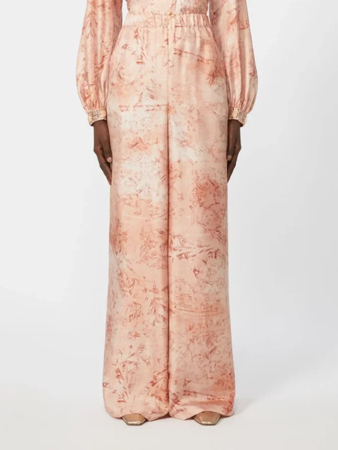 Wide-fit printed silk trousers, pink