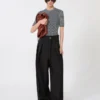 Wide-fit stretch wool trousers, black